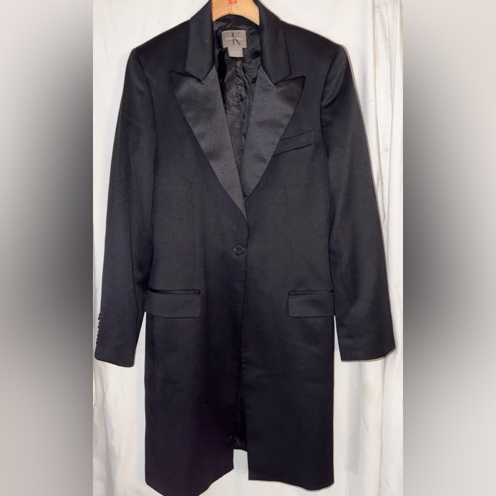 Calvin Klein Tuxedo Satin Wool Button Front Blazer Jacket Coat Black Size 8 - Picture 2 of 11
